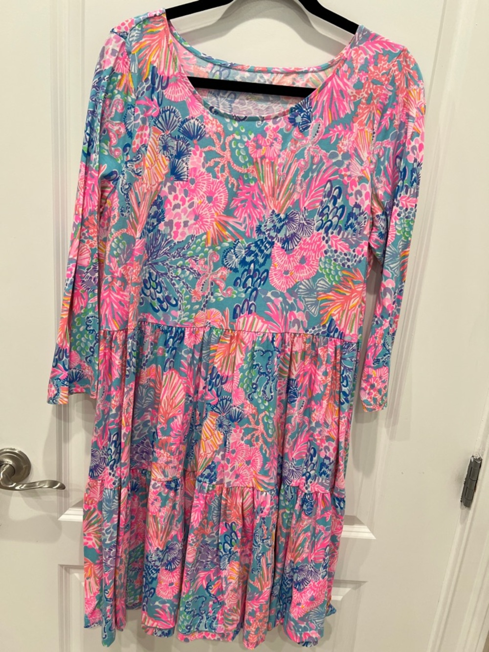 Lilly Pulitzer Pink Blue Green Floral Tiered Long Sleeve Dress